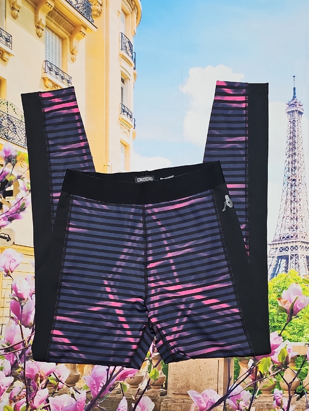 Kappa Black and Pink Striped Leggings Size Medium New